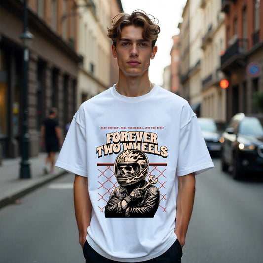 Person wearing a white t-shirt with a graphic design on a city street