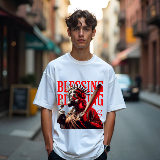 Person wearing a white t-shirt with a graphic design on a city street