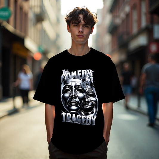 Person wearing a black t-shirt with a graphic design and text on a city street.