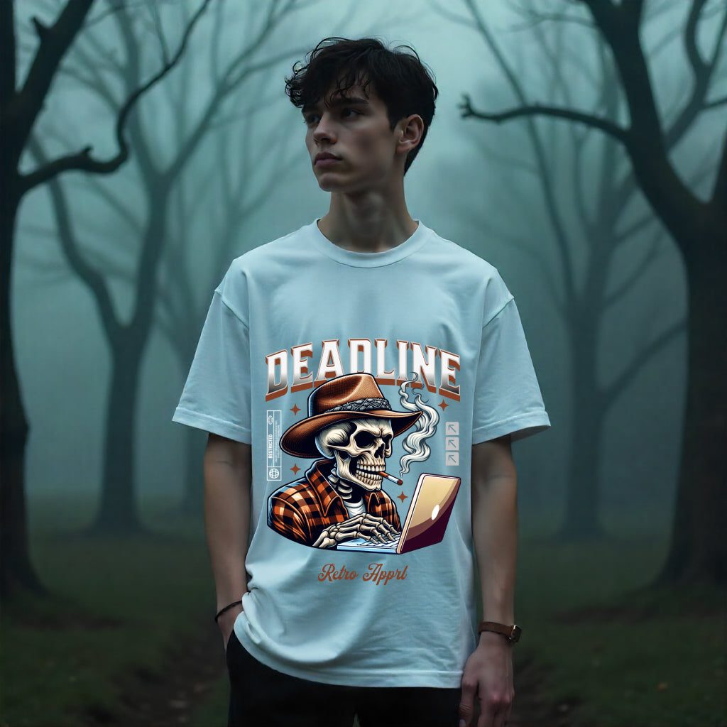 Person wearing a t-shirt with a skeleton graphic and 'Deadline' text in a forest setting