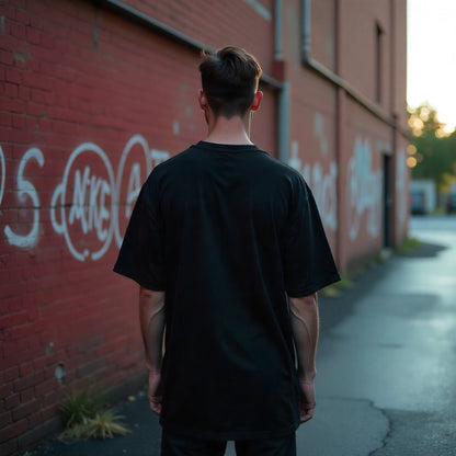 Person wearing a black t-shirt standing in front of a red brick wall with graffiti.