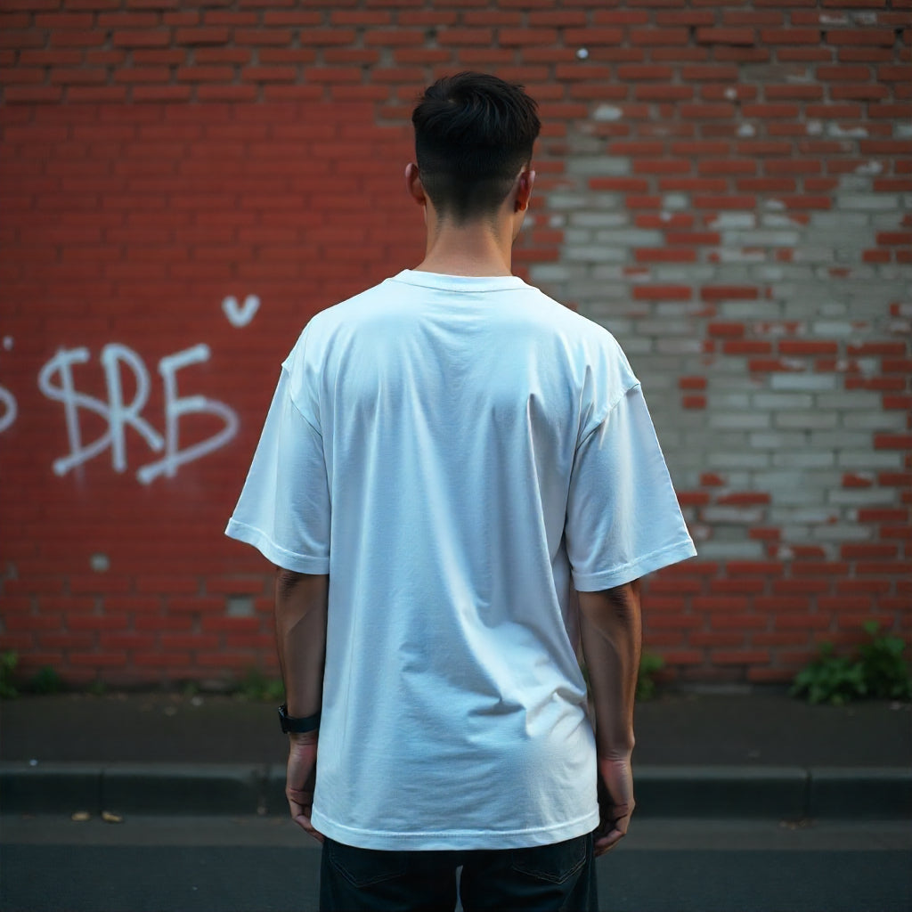 Person wearing a white t-shirt standing in front of a red brick wall with graffiti.