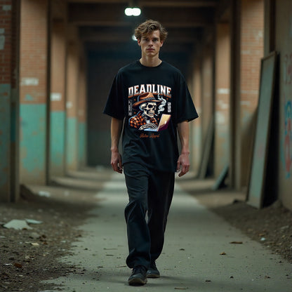 Person wearing a black 'Deadline' t-shirt walking through an abandoned building.