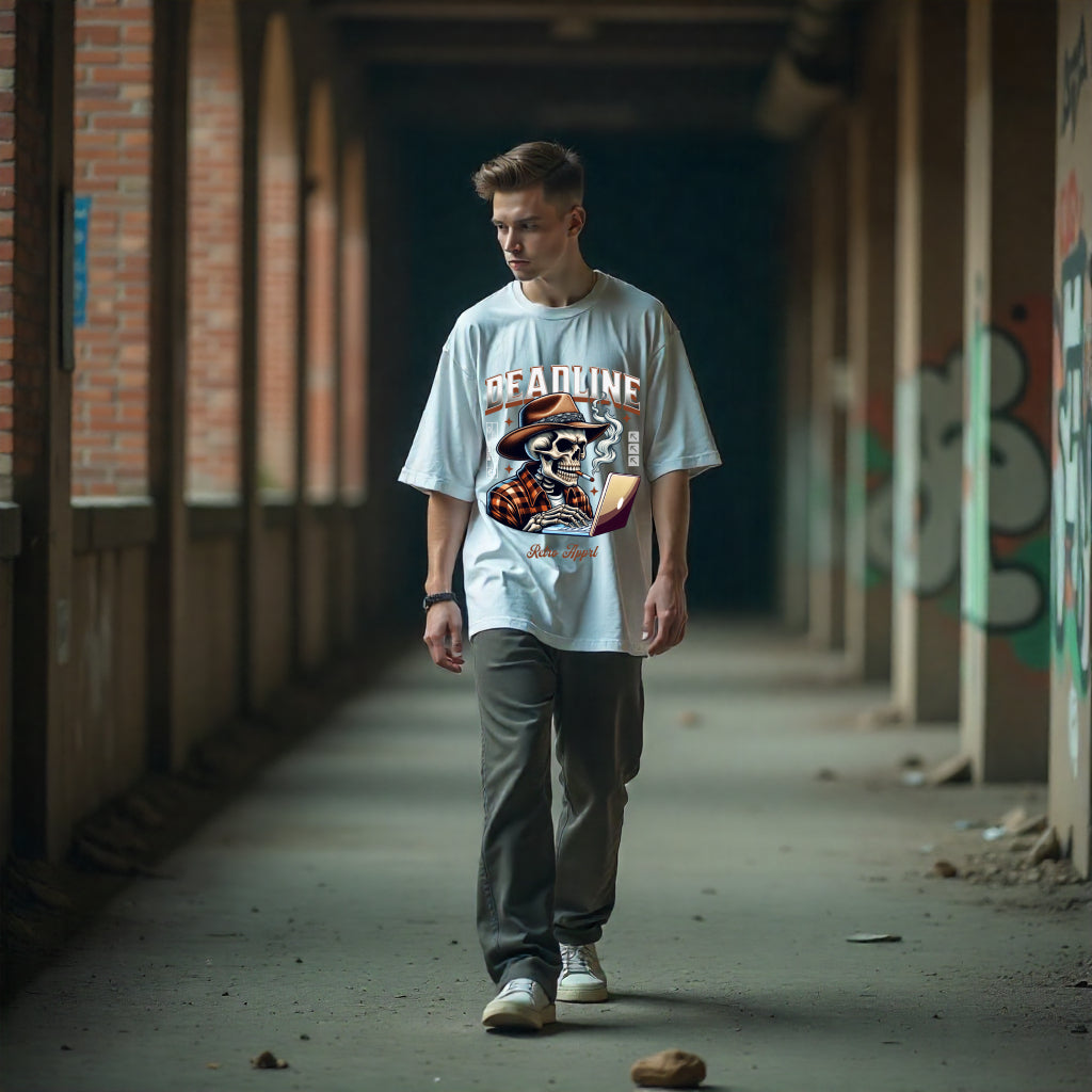 Person wearing a graphic t-shirt walking in an urban setting with graffiti.