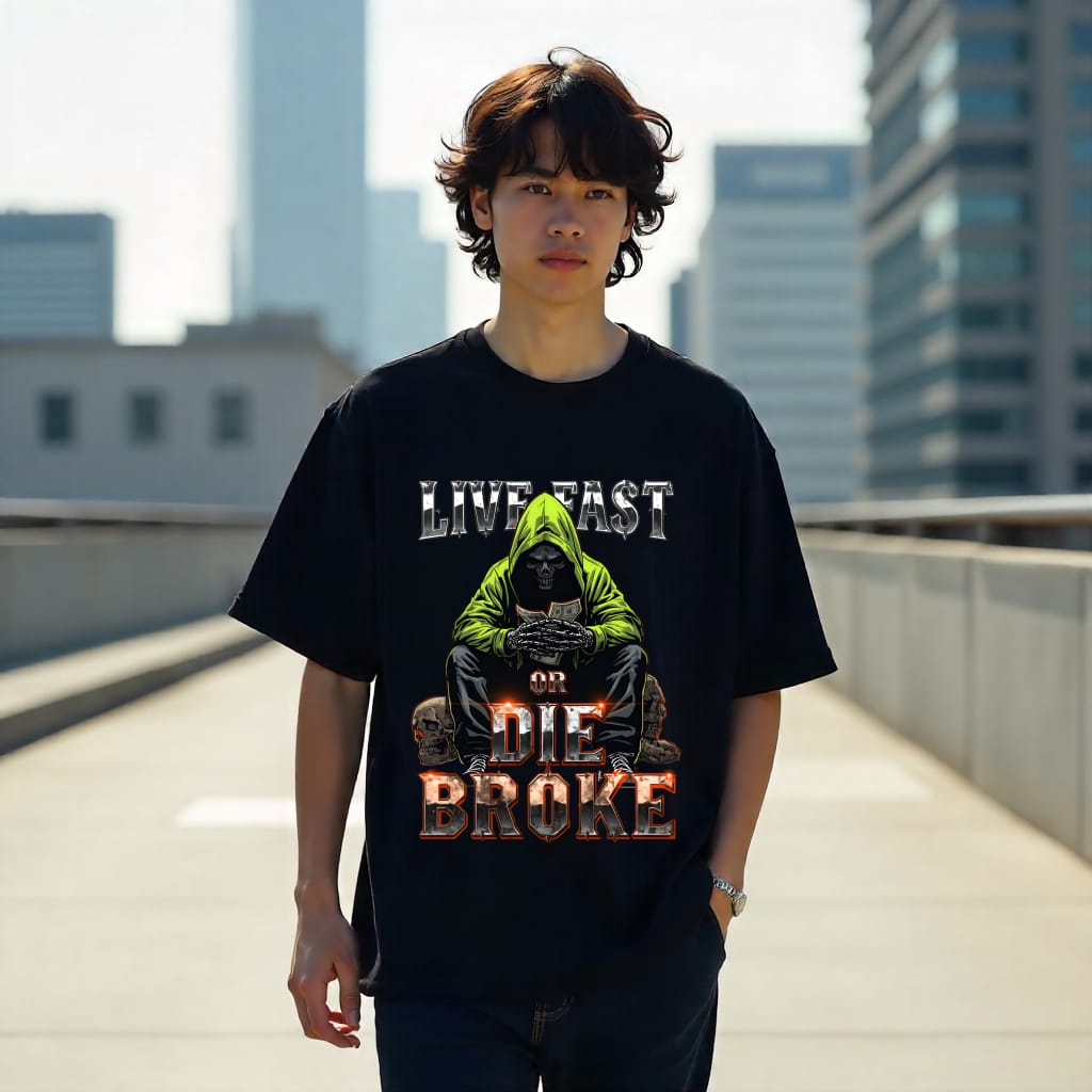 Person wearing a black t-shirt with graphic design and text on a rooftop with cityscape background