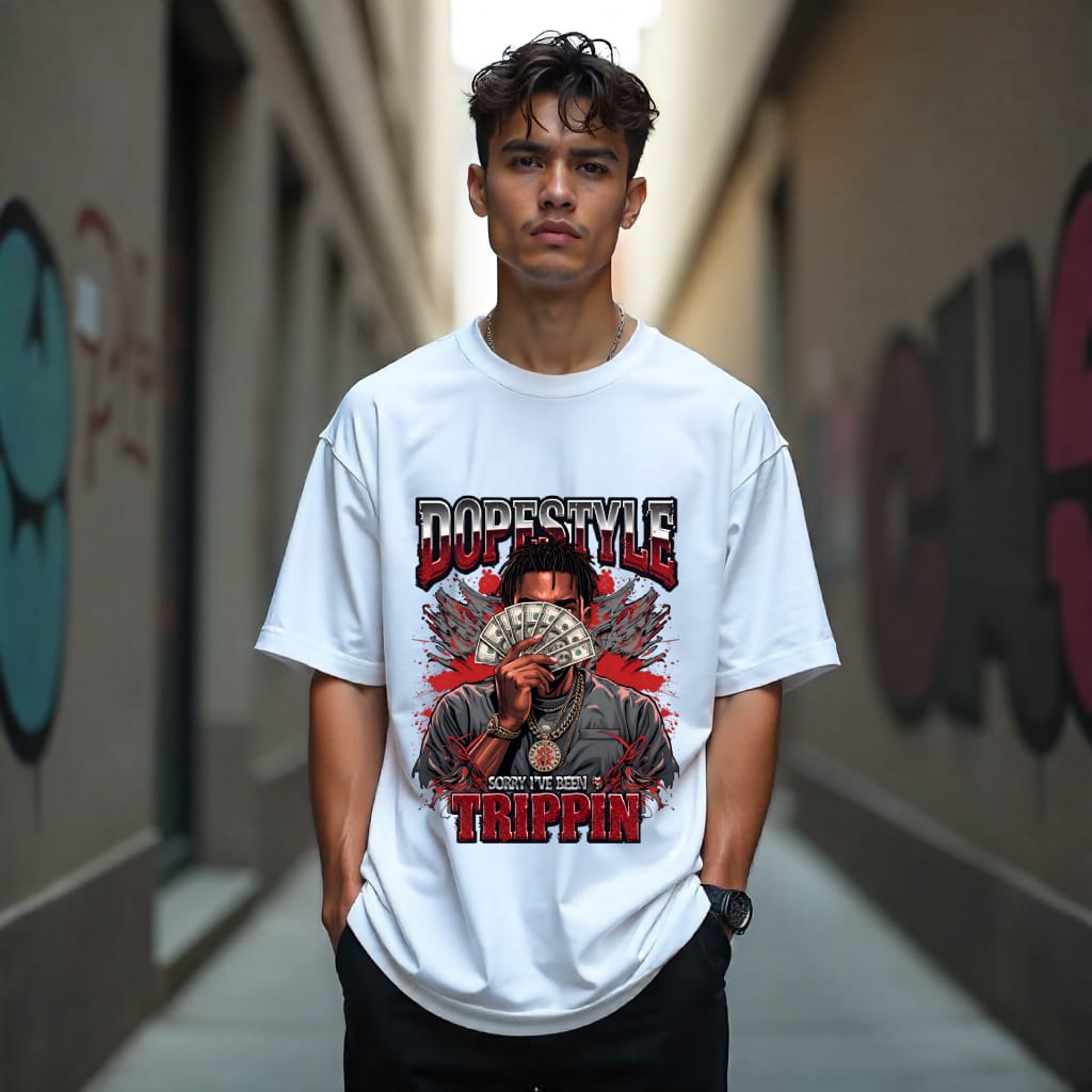 Person wearing a white t-shirt with a graphic design and text in an urban setting