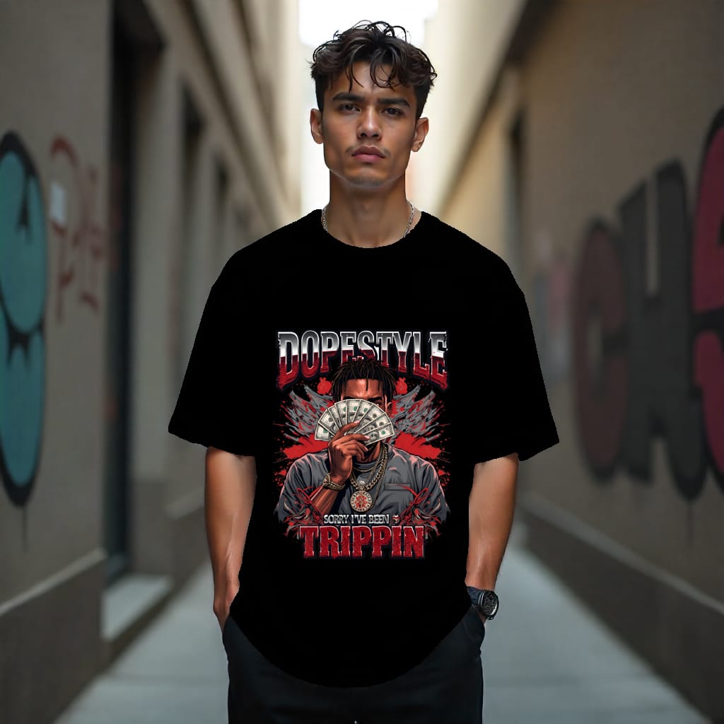 Person wearing a black t-shirt with graphic design and text in an urban setting