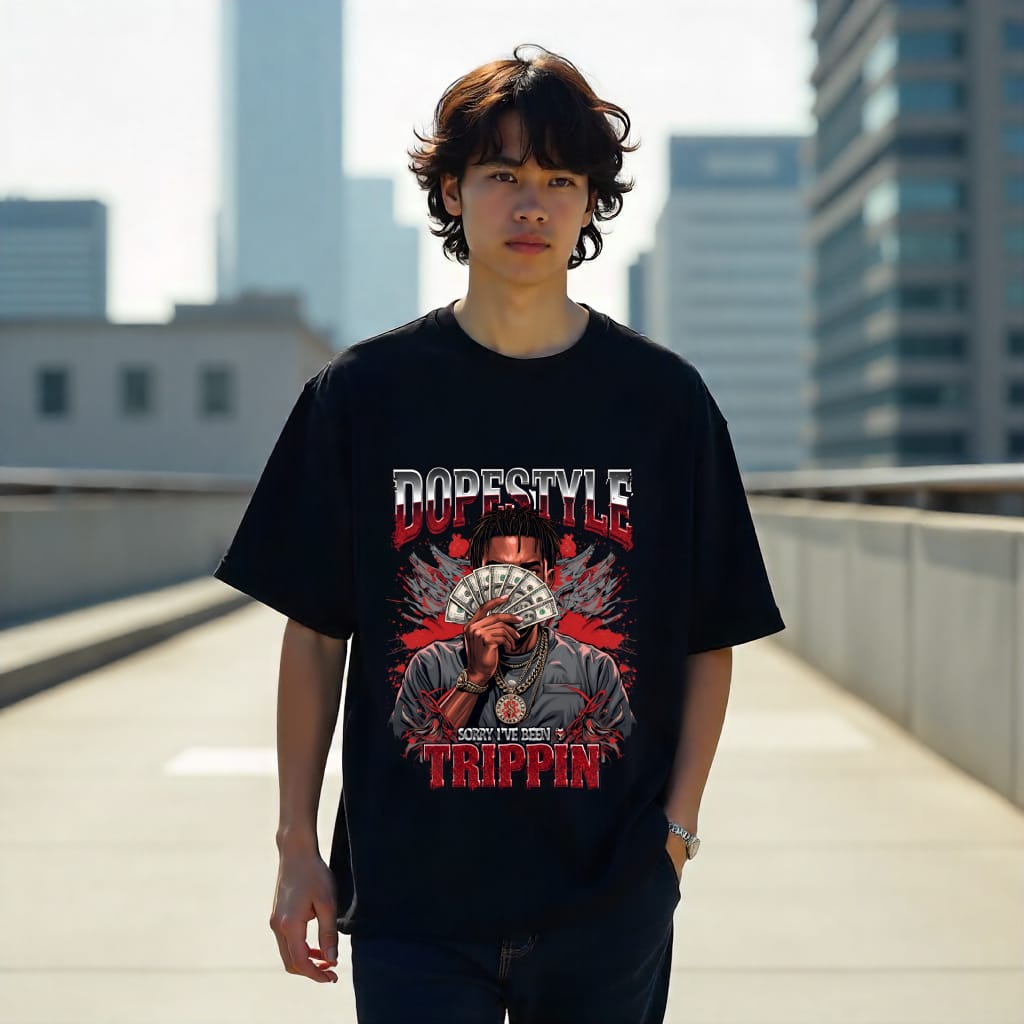 Person wearing a black t-shirt with a graphic design and text on a rooftop with cityscape background
