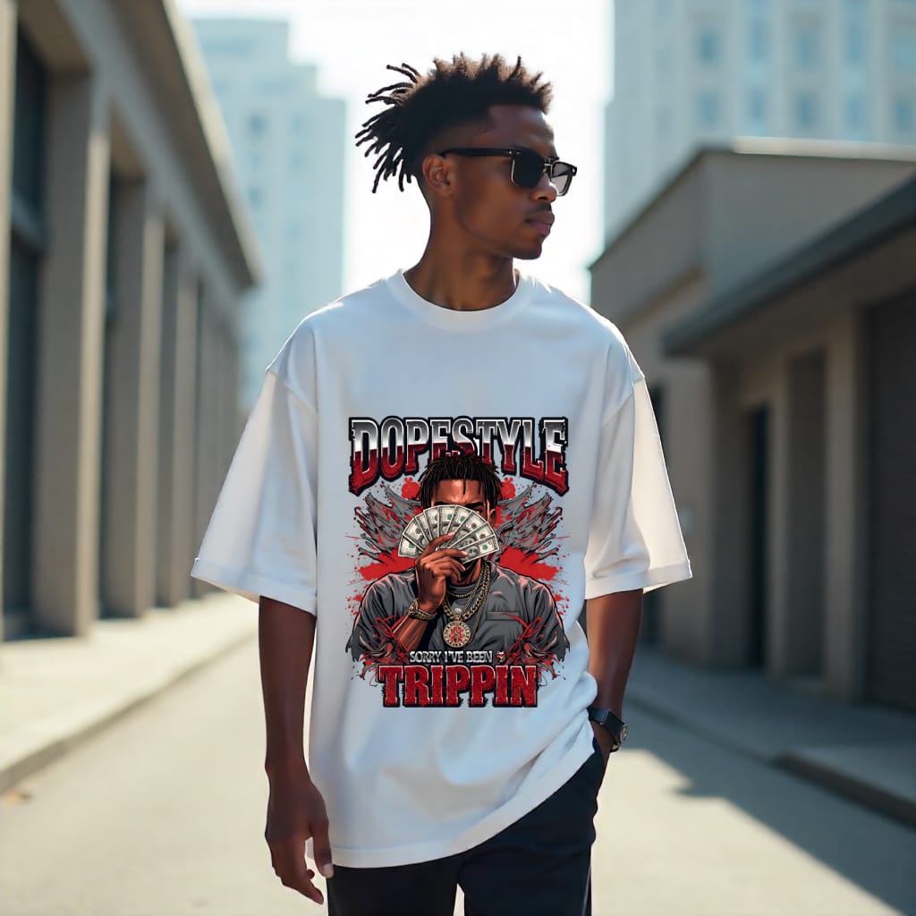 Person wearing a white t-shirt with a graphic design and text in an urban setting