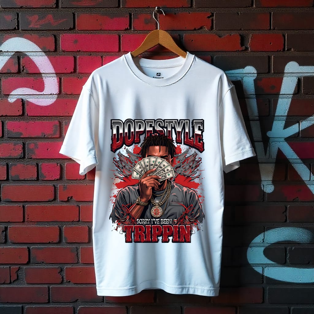 White t-shirt with graphic design and text on a brick wall background