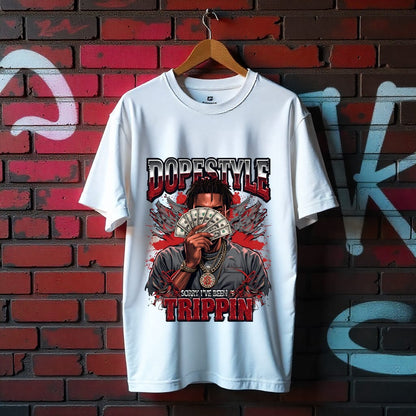 White t-shirt with graphic design and text on a brick wall background