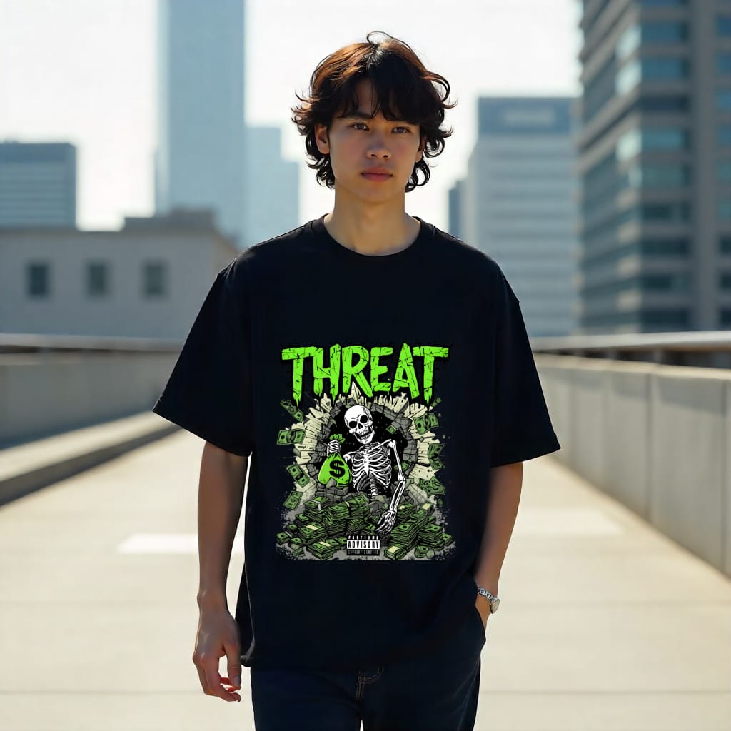 Person wearing a black t-shirt with a graphic design and 'THREAT' text on a rooftop with cityscape background