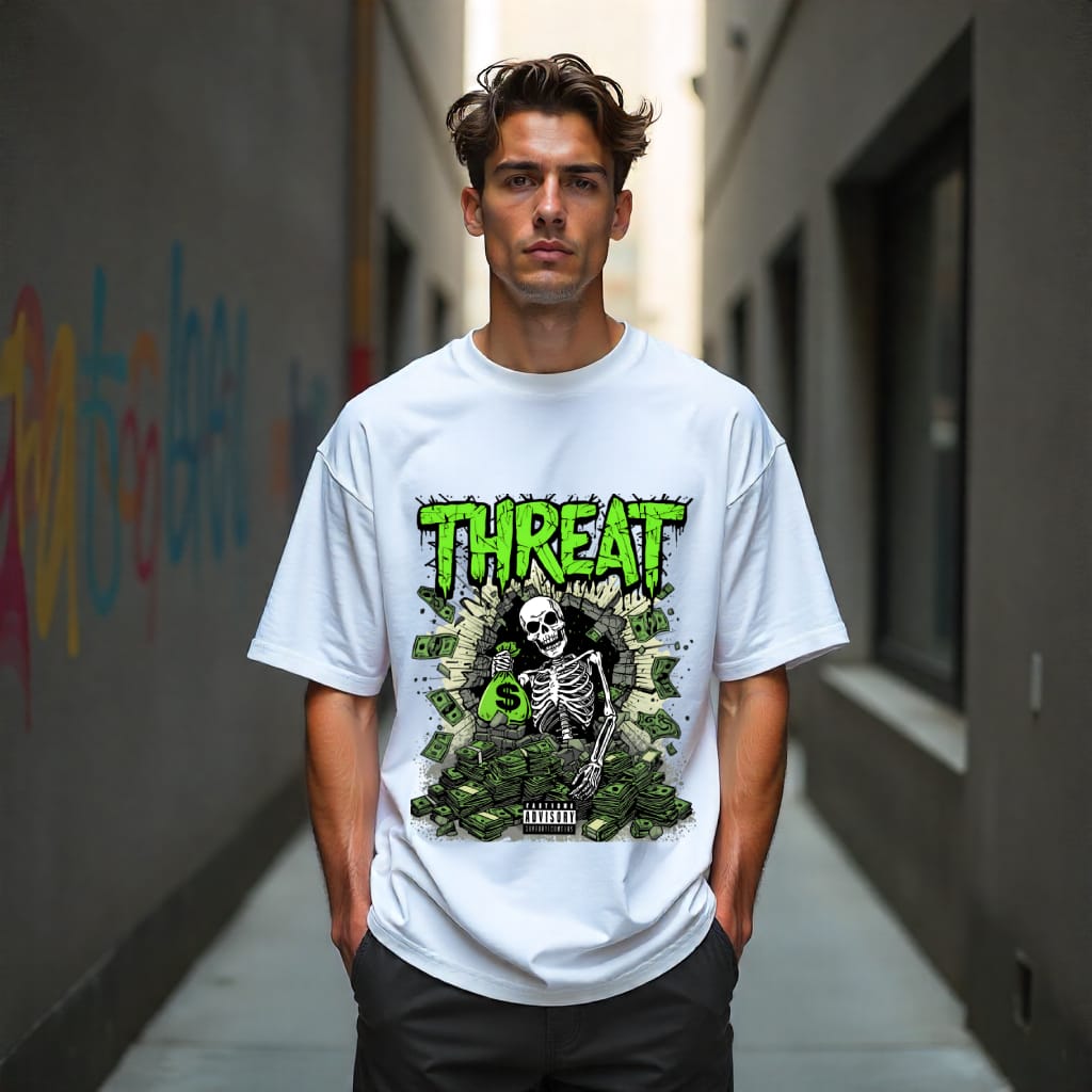 Man wearing a white t-shirt with a graphic design and the word 'THREAT' in a narrow alley.