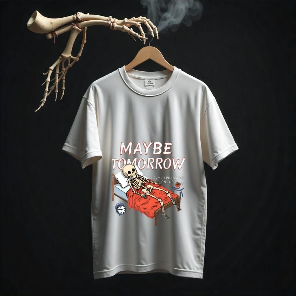 Maybe Tomorrow Oversized T-Shirt – Lazy Skeleton Dark Humor Tee  (Unisex)