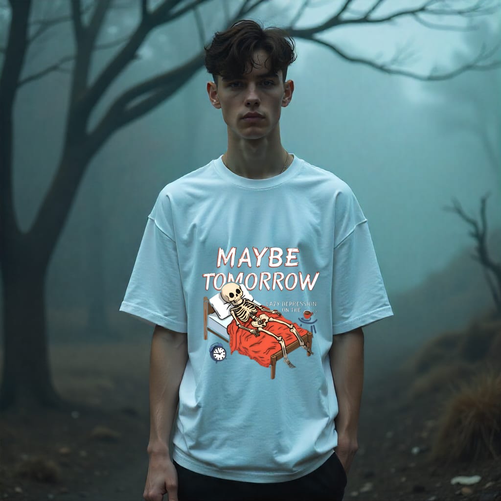 Person wearing a light blue t-shirt with a graphic design and text in a foggy forest setting