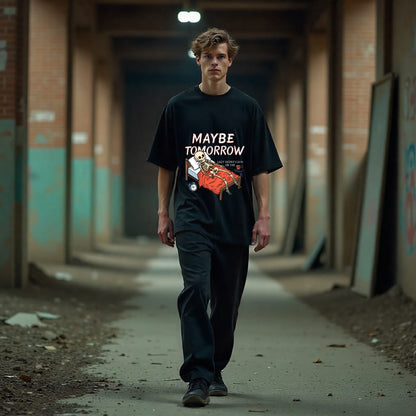 Person wearing a black t-shirt with a graphic design in an urban setting