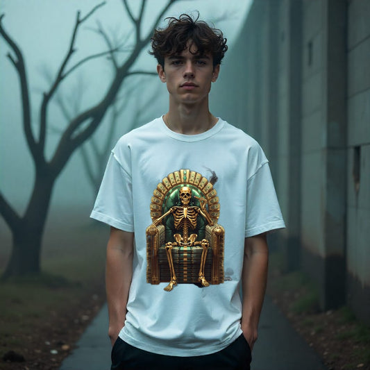 Person wearing a white t-shirt with a skeleton on a throne graphic in a foggy outdoor setting