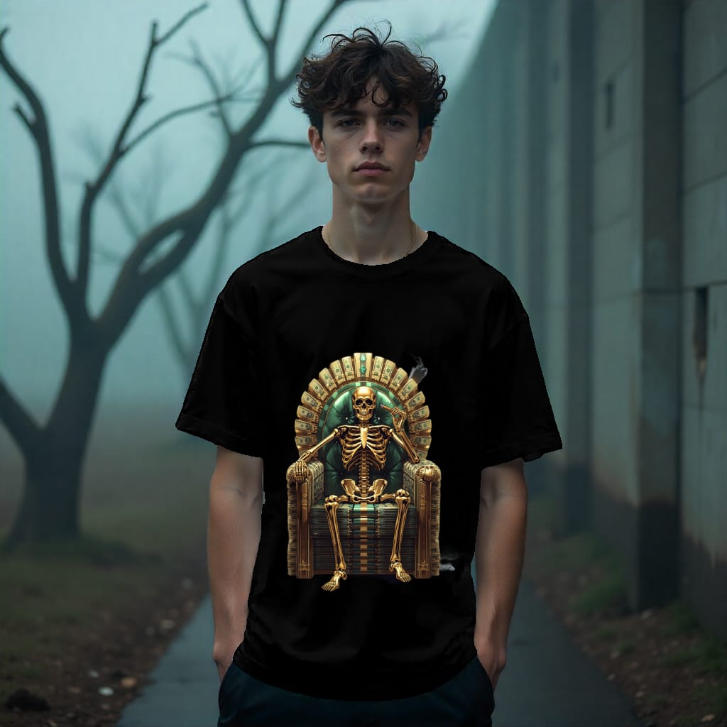 Person wearing a black t-shirt with a skeleton on a throne graphic in a foggy outdoor setting.