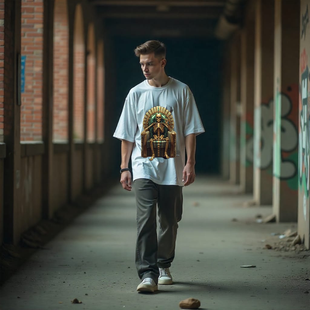 Person wearing a white t-shirt with a graphic design walking in an urban setting.