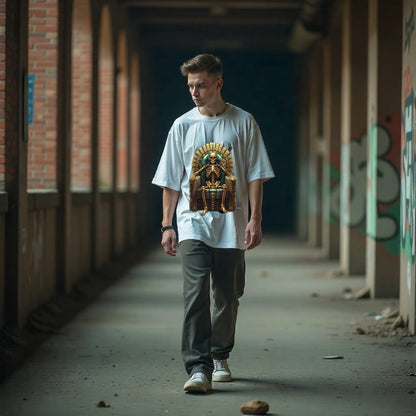 Person wearing a white t-shirt with a graphic design walking in an urban setting.