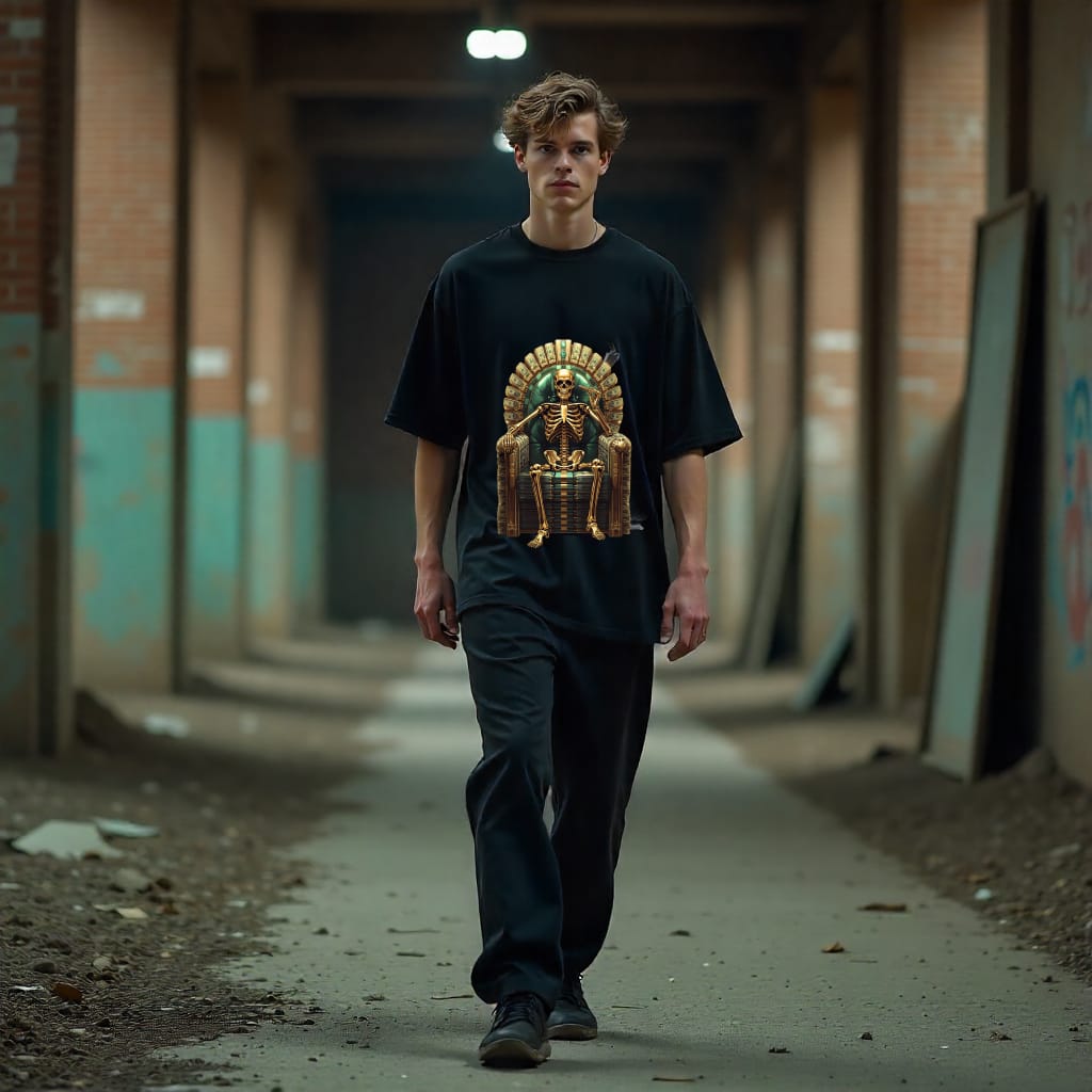 Person wearing a black t-shirt with a graphic design in an urban setting