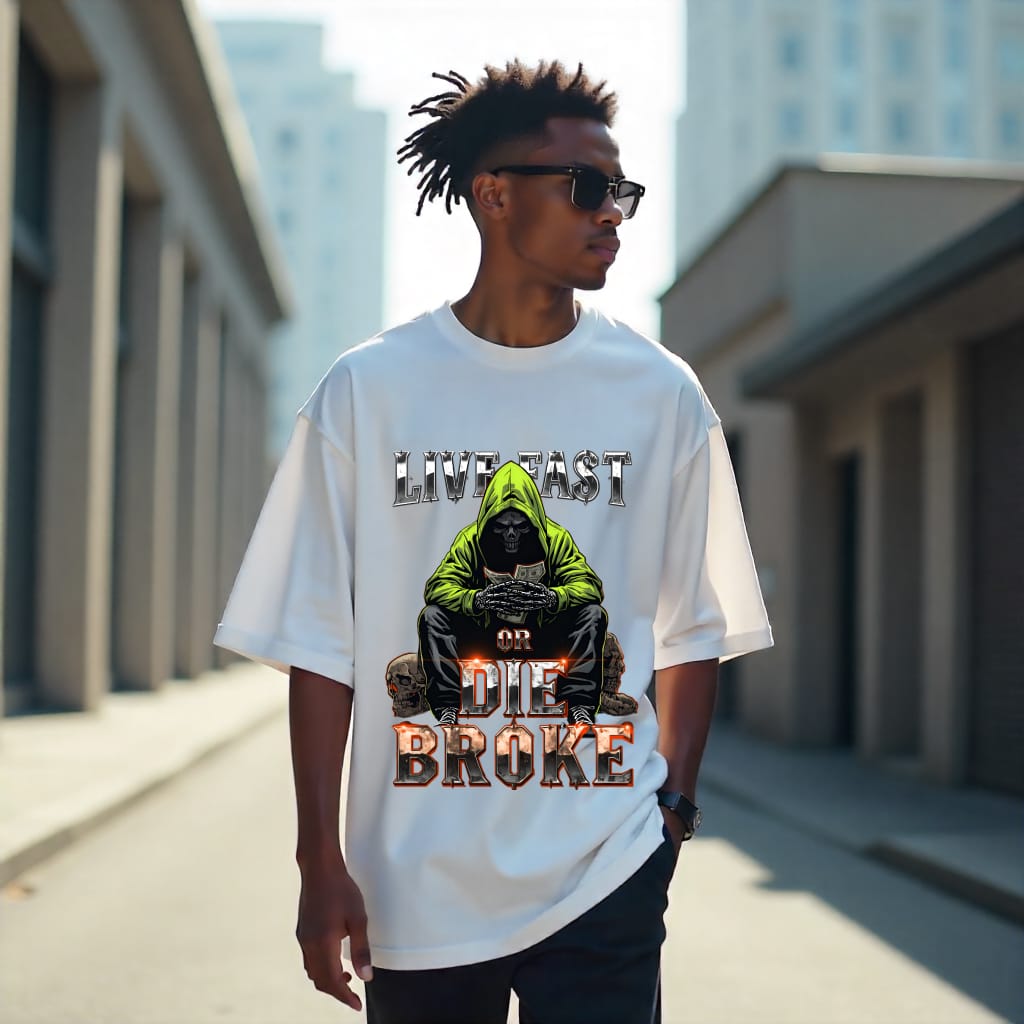 Person wearing a white t-shirt with a graphic design and text in an urban setting