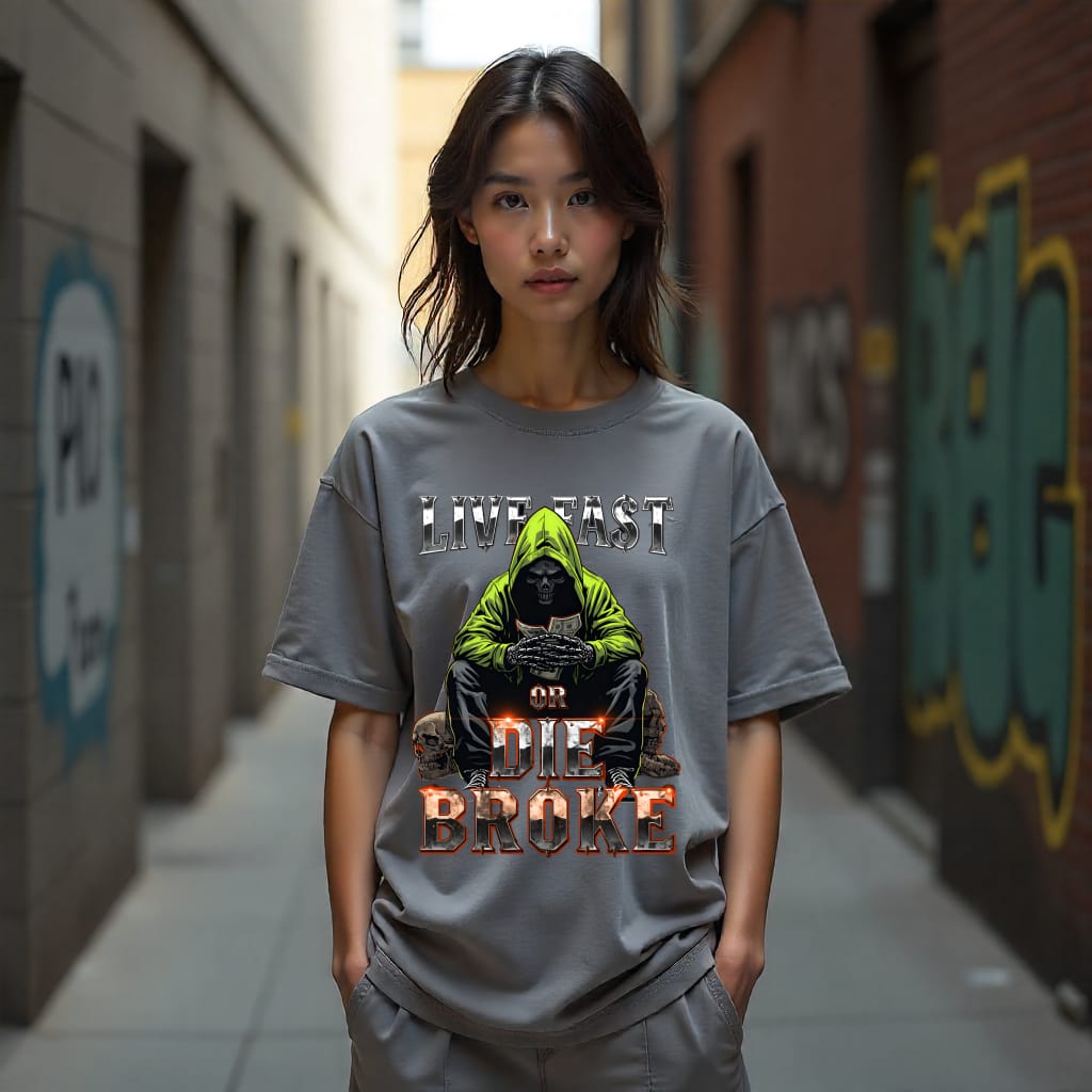 Person wearing a t-shirt with a graphic design in an urban setting
