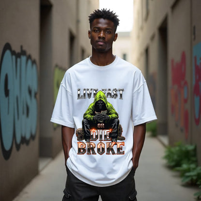 Man wearing a white t-shirt with a graphic design and text in an urban setting.