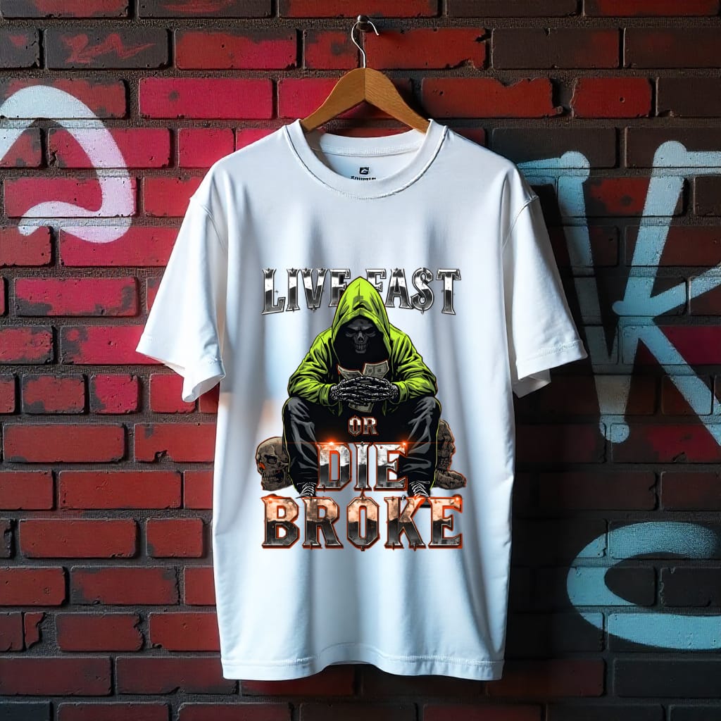 White t-shirt with graphic design and text 'Live Fast or Die Broke' on a brick wall background