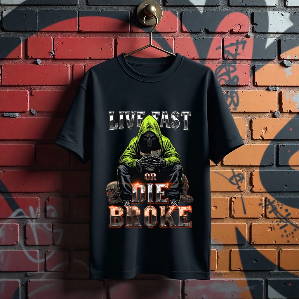 Black t-shirt with graphic design and text 'Live Fast or Die Broke' on a graffiti-covered wall.