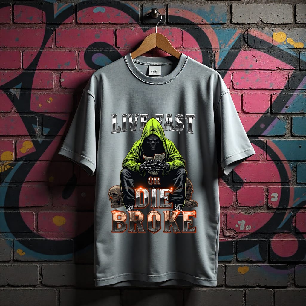 Gray t-shirt with graphic design and text 'Live Fast or Die Broke' on a graffiti-covered wall.