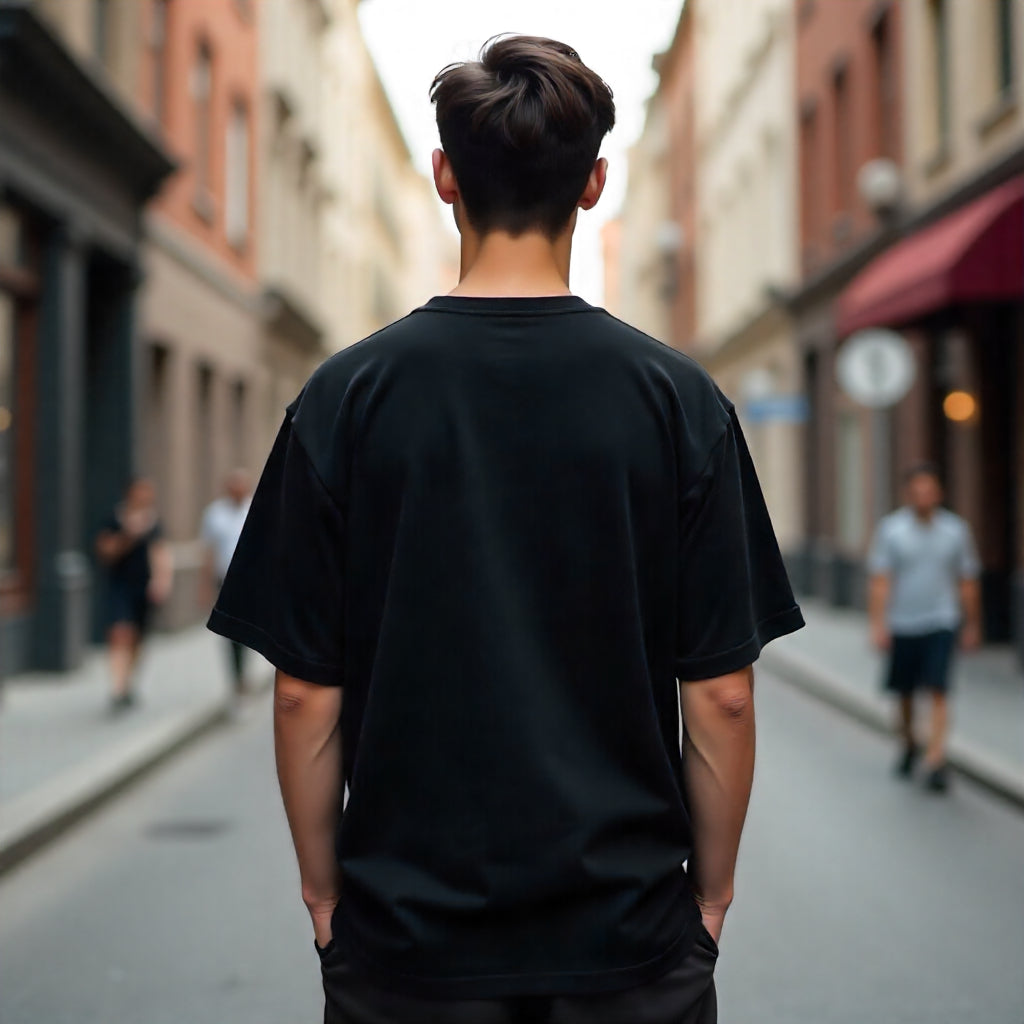 Person wearing a black t-shirt on a city street