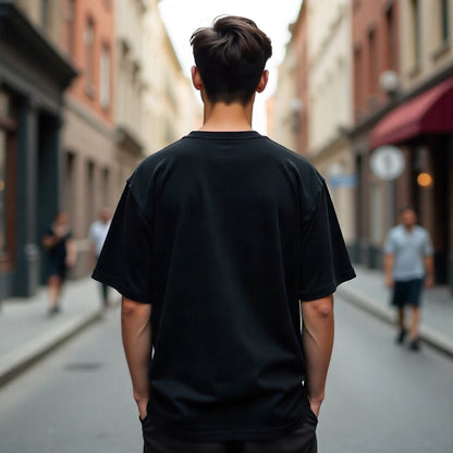 Person wearing a black t-shirt on a city street
