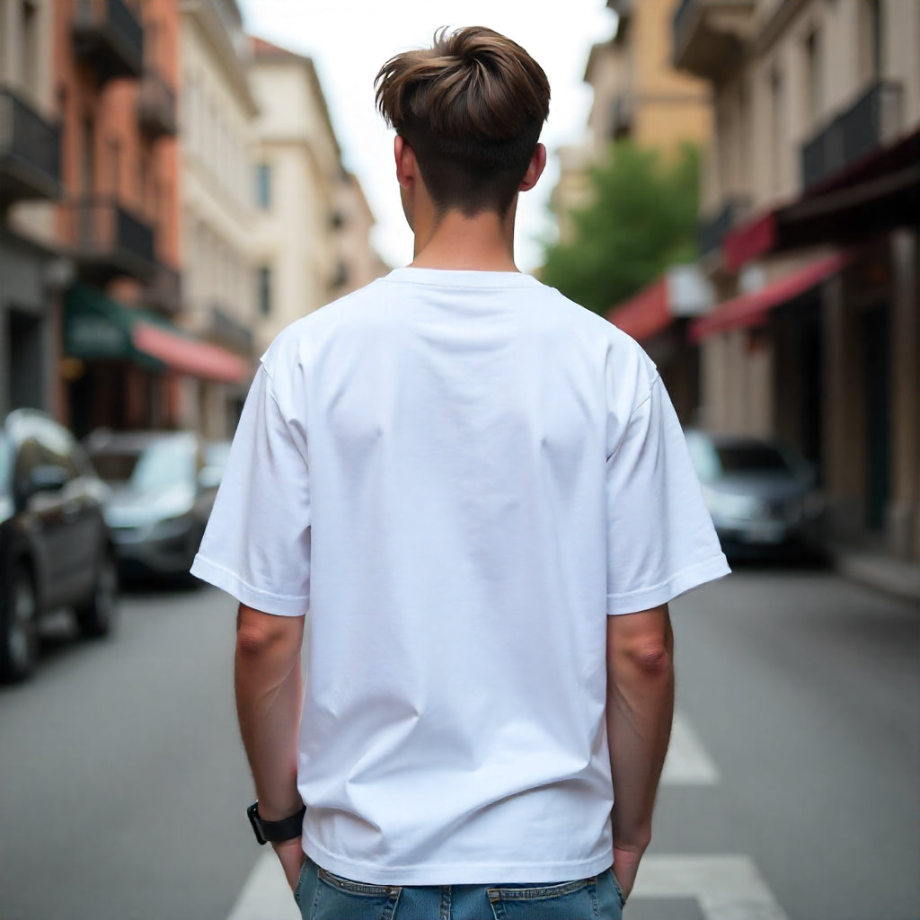 Person wearing a plain white t-shirt on a city street