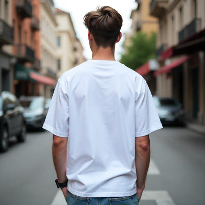 Person wearing a plain white t-shirt on a city street