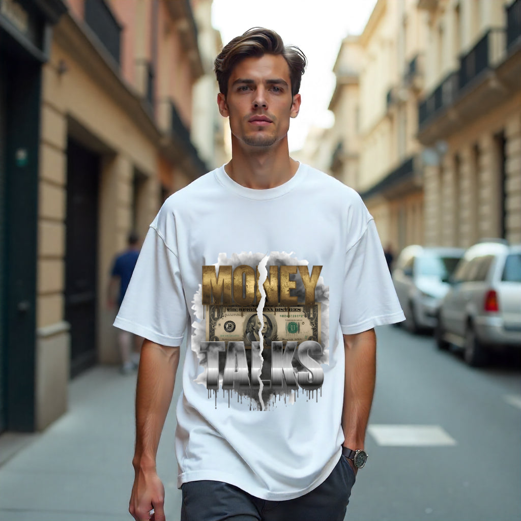 Man wearing a white t-shirt with a graphic design on a city street