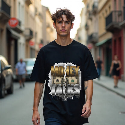 Man wearing a black t-shirt with 'Money Talks' graphic on a city street