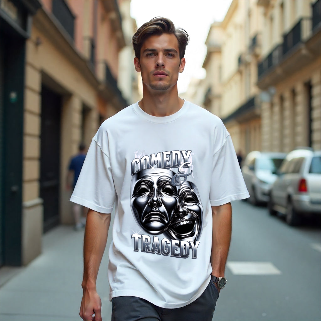 Man wearing a white t-shirt with 'Comedy Tragedy' design on a city street.