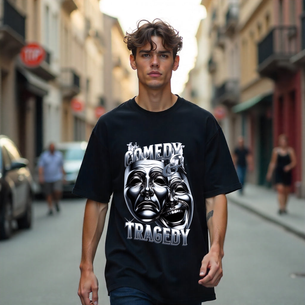 Man wearing a black t-shirt with a graphic design on a city street