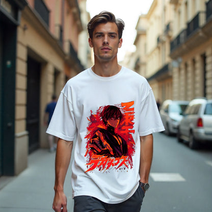 Man wearing a white t-shirt with a graphic design on a city street