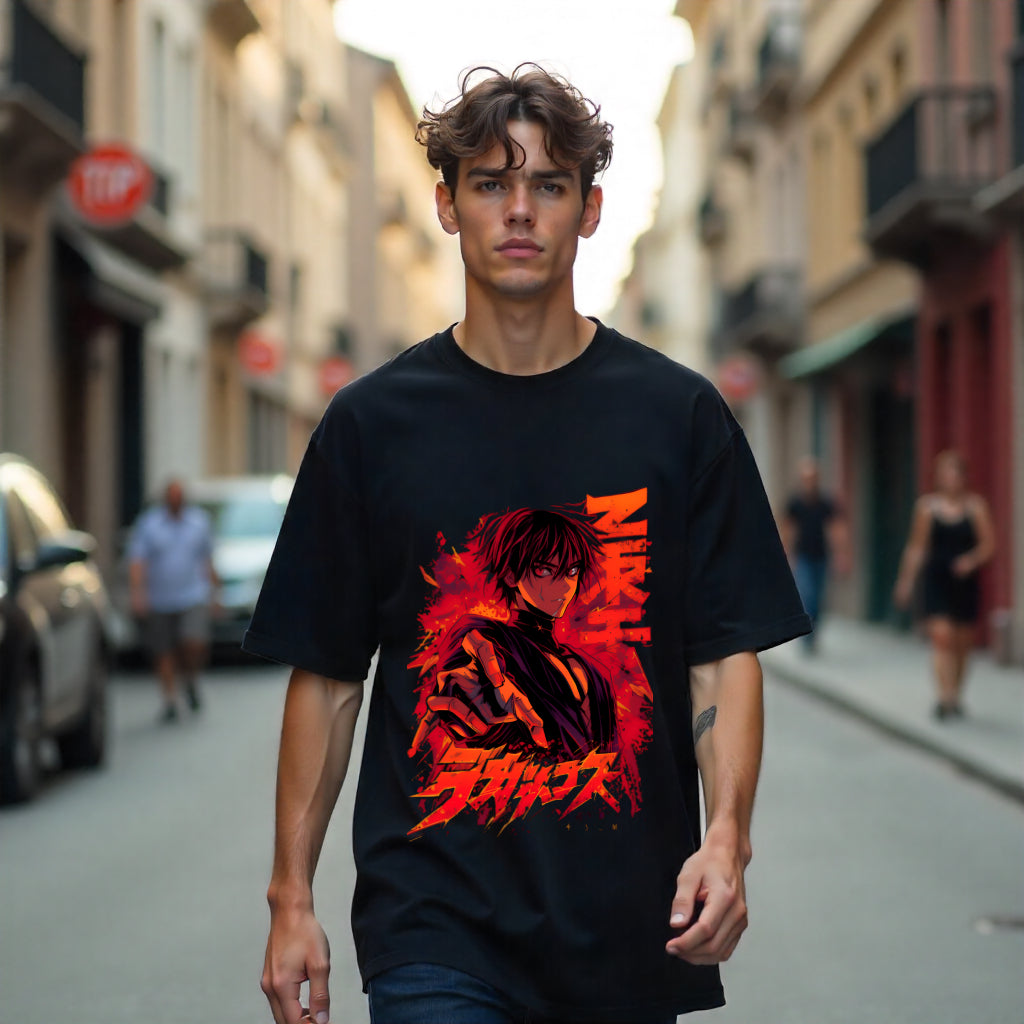 Person wearing a black t-shirt with a graphic design on a city street