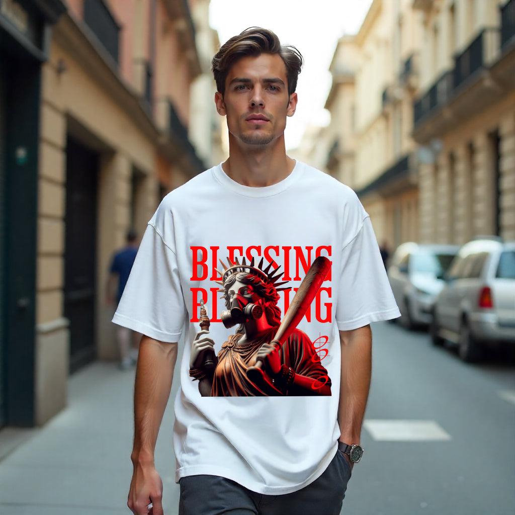 Man wearing a white t-shirt with a graphic design of the Statue of Liberty wearing a gas mask on a city street.