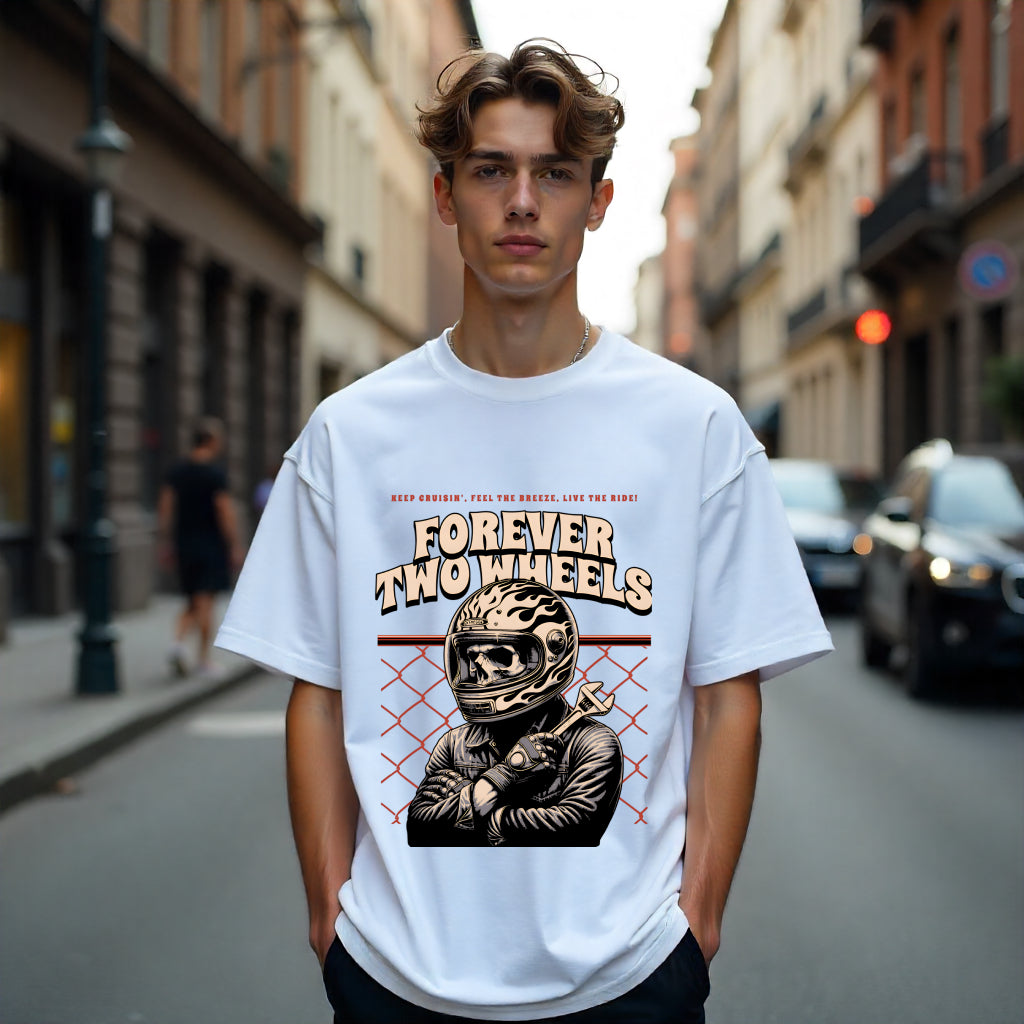 Person wearing a white t-shirt with a graphic design on a city street