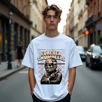 Person wearing a white t-shirt with a graphic design on a city street