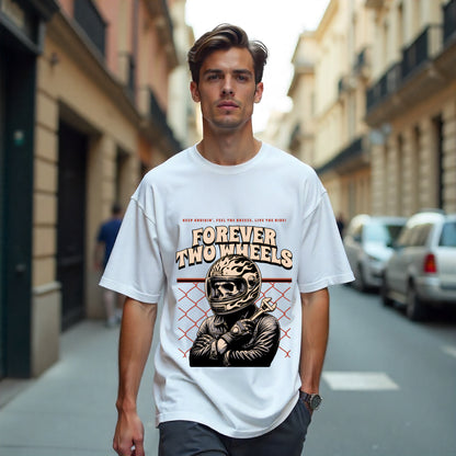 Man wearing a white t-shirt with a graphic design on a city street