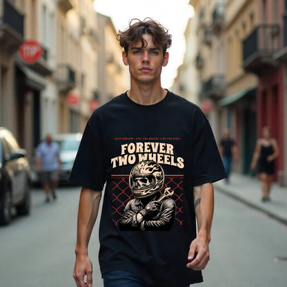 Man wearing a black t-shirt with a graphic design and text on a city street.