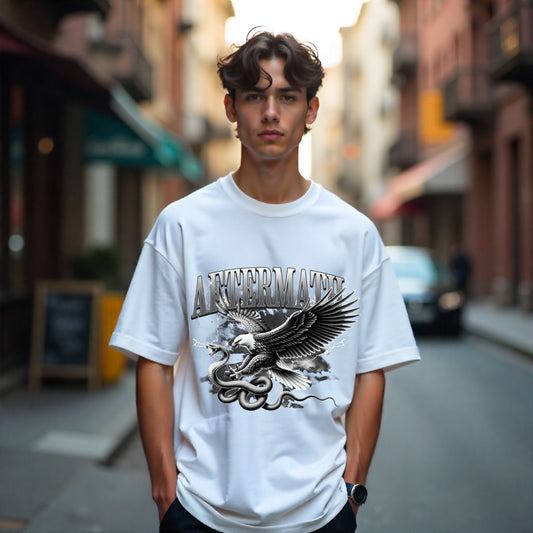 Person wearing a white t-shirt with a graphic design on a city street