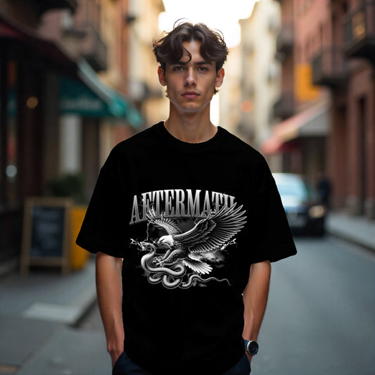 Person wearing a black t-shirt with a graphic design on a city street