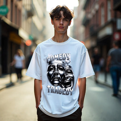 Person wearing a white t-shirt with 'Comedy Tragedy' design on a city street.