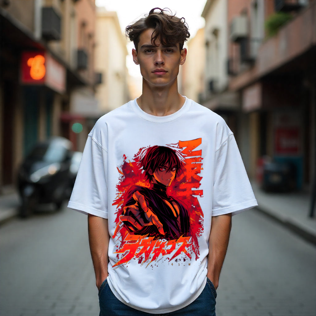 Person wearing a white t-shirt with a graphic design on a city street